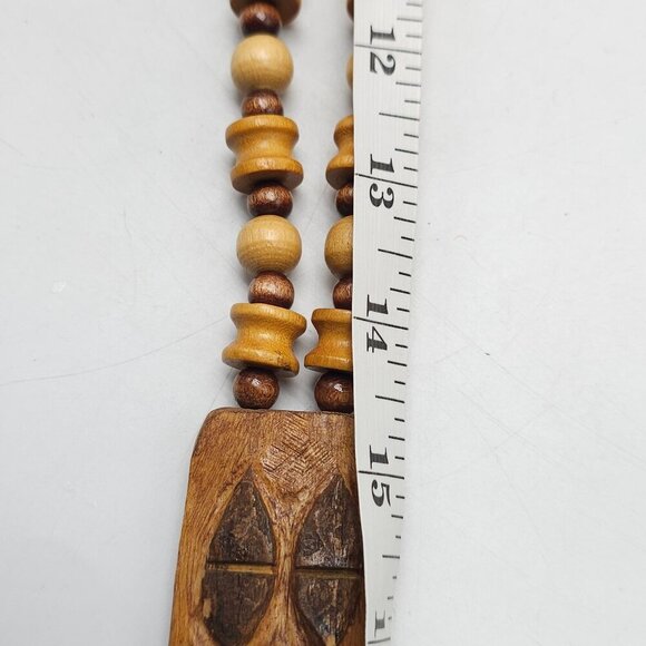 Handmade Wooden Beaded Necklace With Carved Tribal Pendant No Clasp - Picture 6 of 8